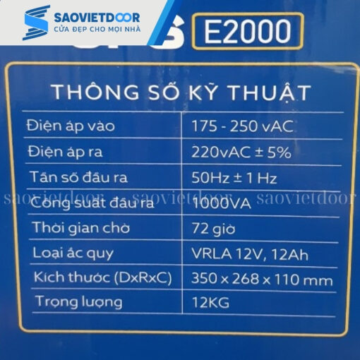 Lưu điện Austdoor E2000 23 Thông số kỹ thuật của lưu điện cửa cuốn Austdoor E2000