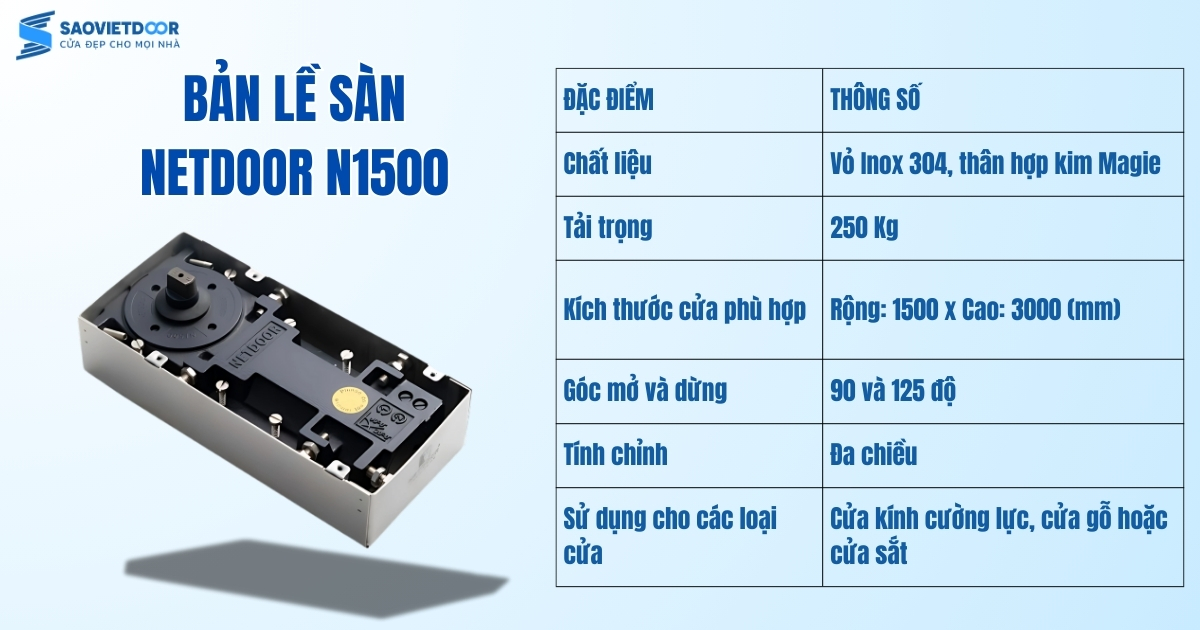 Bản lề sàn NETDOOR N1500 18 Thông số kỹ thuật của bản lề sàn Netdoor N1500