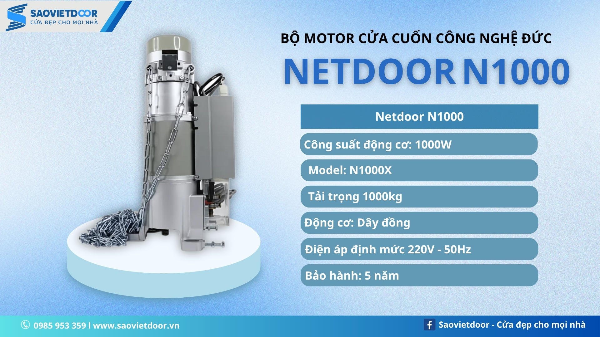 Motor Netdoor N1000 Công Nghệ Đức Chính Hãng 14 Thông số kỹ thuật motor cửa cuốn Netdoor N1000 công nghệ Đức