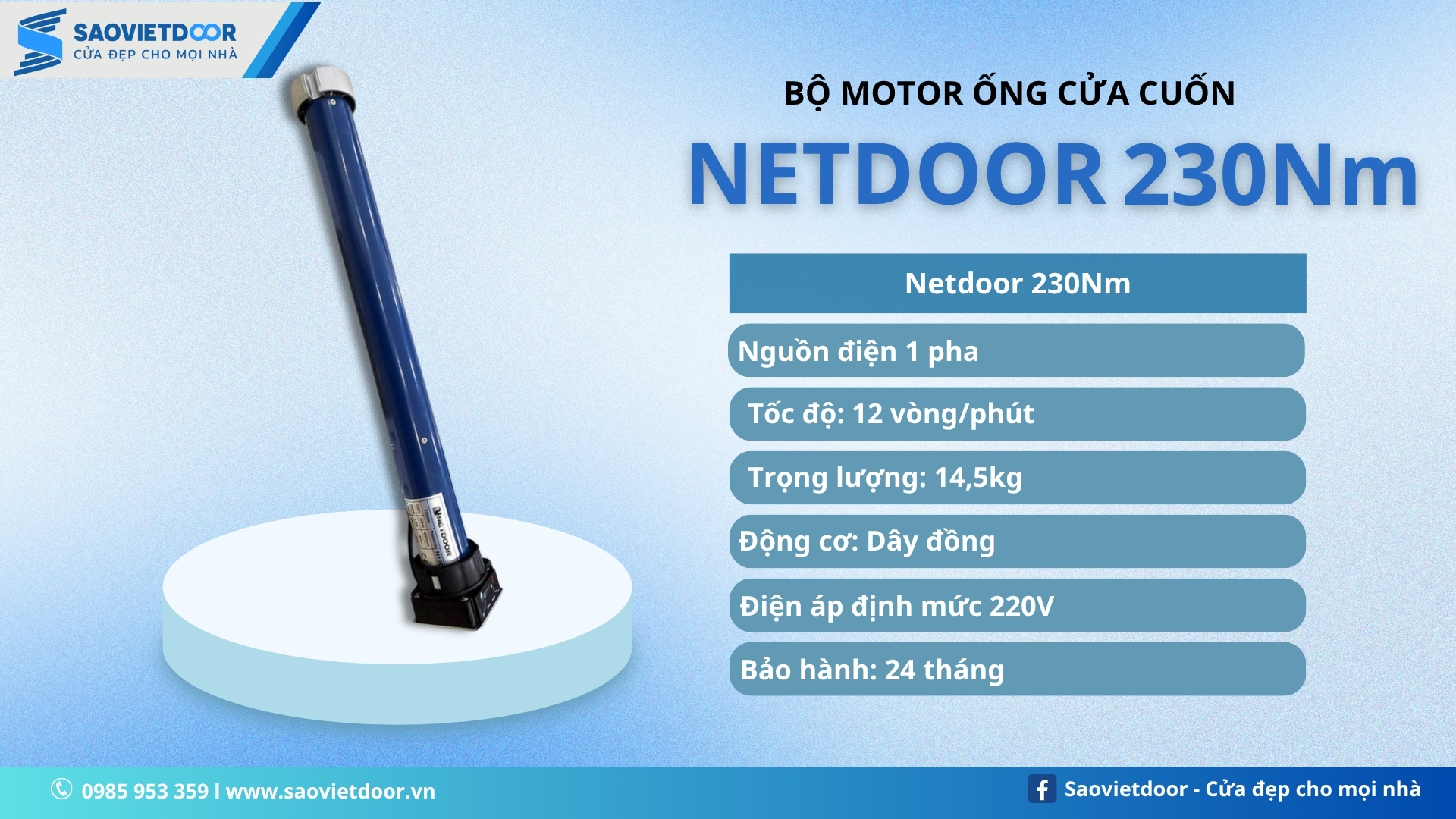 Thông số kỹ thuật motor ống cửa cuốn Netdoor 230Nm