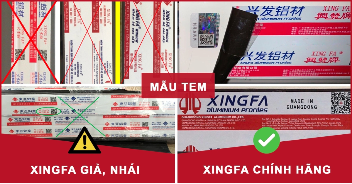 Hình ảnh so sánh mẫu tem nhôm Xingfa giả nhái (Bên trái) và Tem nhôm Xingfa nhập khẩu chính hãng (tem mẫu cũ và mẫu mới) tem đỏ Quảng Đông (Bên phải).