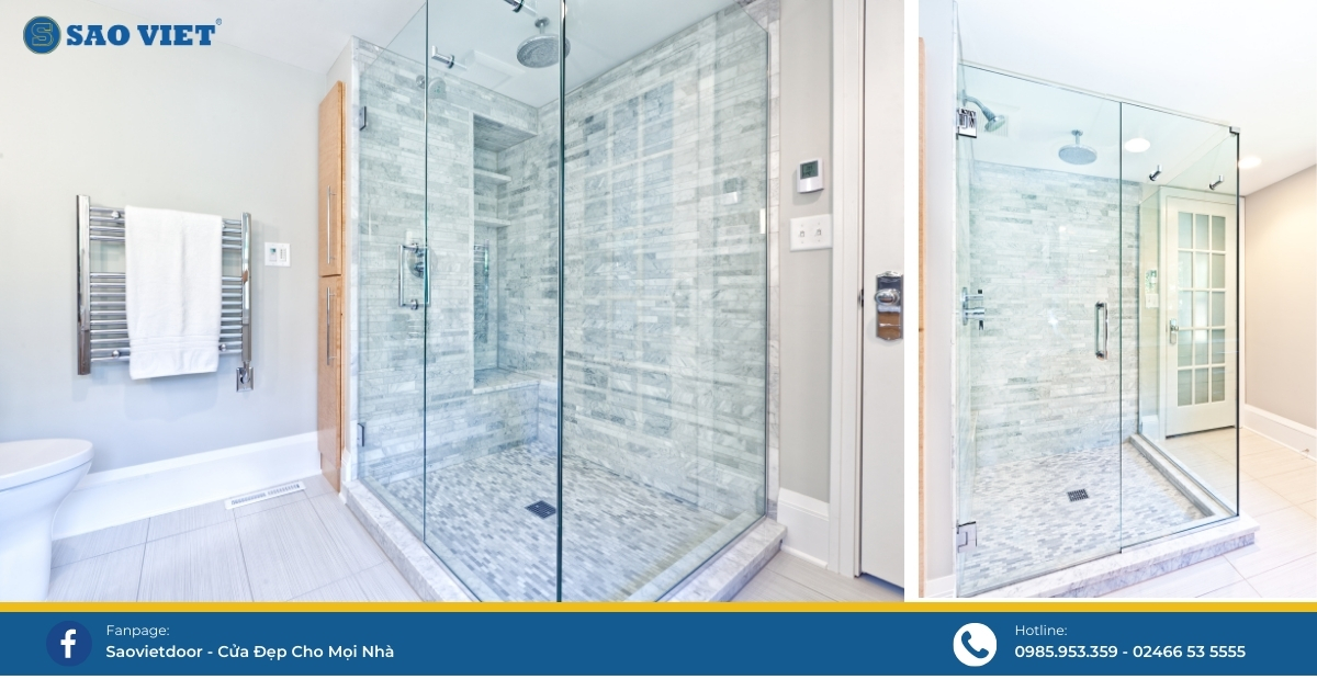 Phòng tắm kính nâng cao vẻ sang trọng và hiện đại cho kiến trúc tổng thể của căn phòng.
