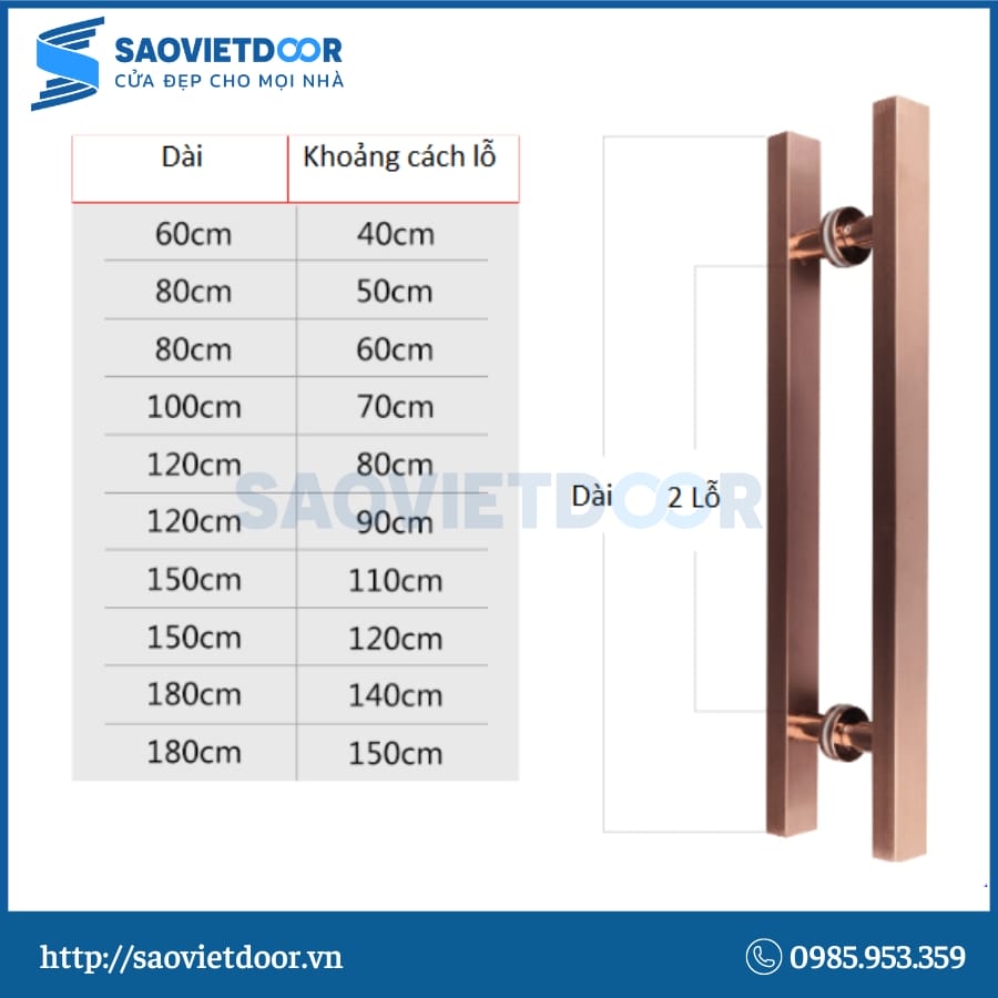 Kích thước tay nắm inox vuông.