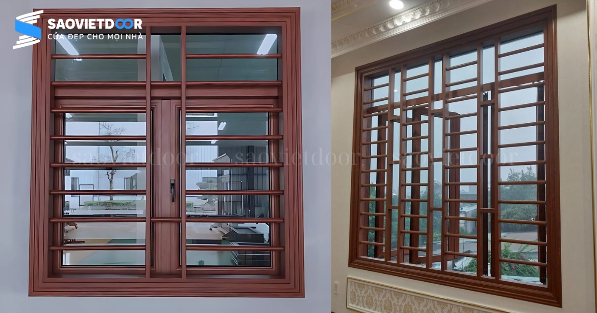 Cửa nhôm chấn song màu vân gỗ trắc