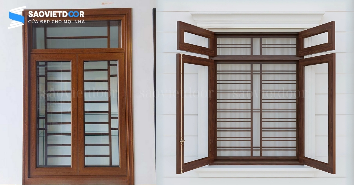 Cửa nhôm chấn song màu vân gỗ trắc