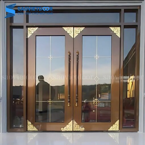 Cửa Nhôm Thủy Lực Bản 140 Cao Cấp 38 Cửa nhôm thuỷ lực kèm khuân bao kép, kết hợp kính cường hộp nan đồng
