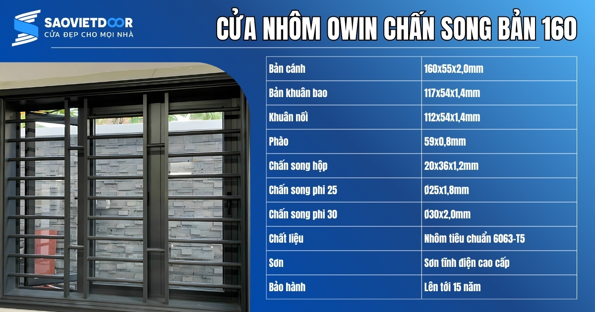 Cửa Nhôm Owin Chấn Song Bản 160 Bền Bỉ 29 Thông số kỹ thuật cửa nhôm Owin song chấn bản 160