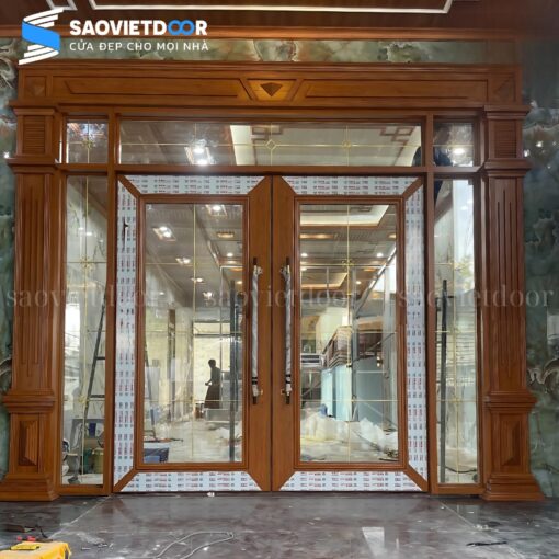 Cửa Nhôm Thủy Lực Màu Vân Gỗ Lim Hiện Đại 32 Cửa nhôm thuỷ lực khuân phào biệt thự màu vân gỗ lim