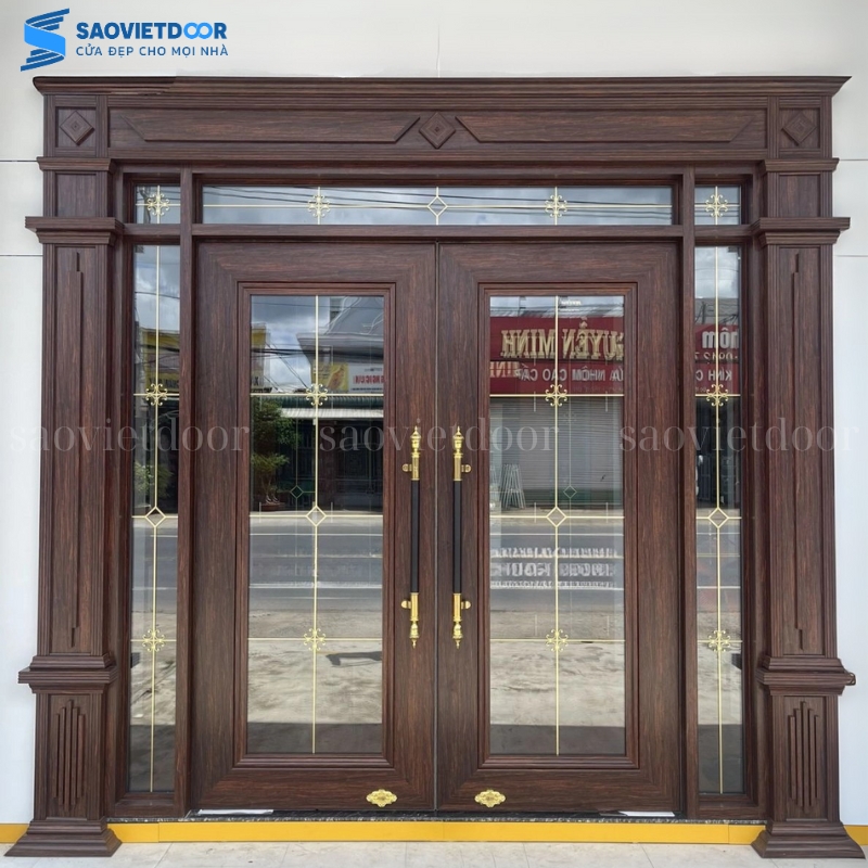 Cửa nhôm thuỷ lực vân gỗ trắc phào đại