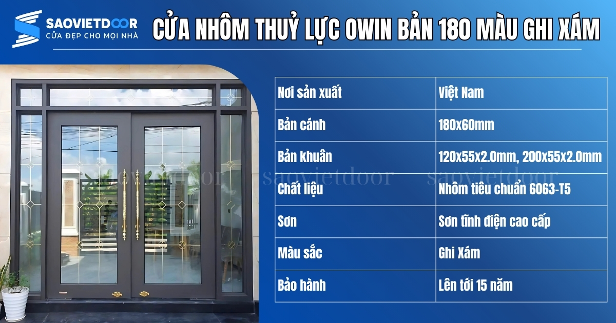 Cửa Nhôm Thủy Lực Owin Bản 180 Màu Ghi Xám 64 Thông số kỹ thuật cửa nhôm thuỷ lực Owin bản 180 màu ghi xám