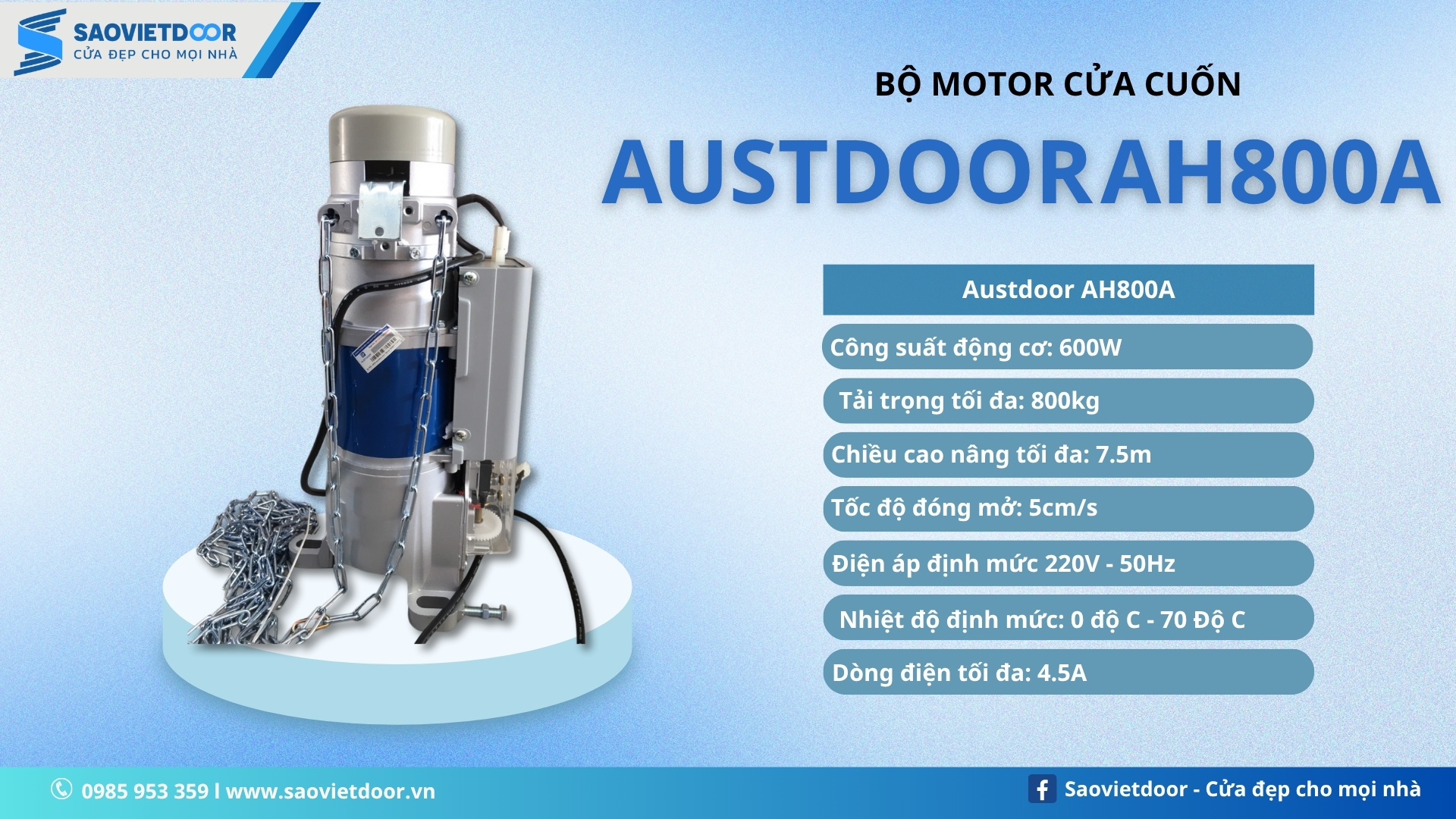 Motor Cửa Cuốn Austdoor AH800A Chính Hãng 19 Thông số kỹ thuật motor cửa cuốn austdoor ah800a