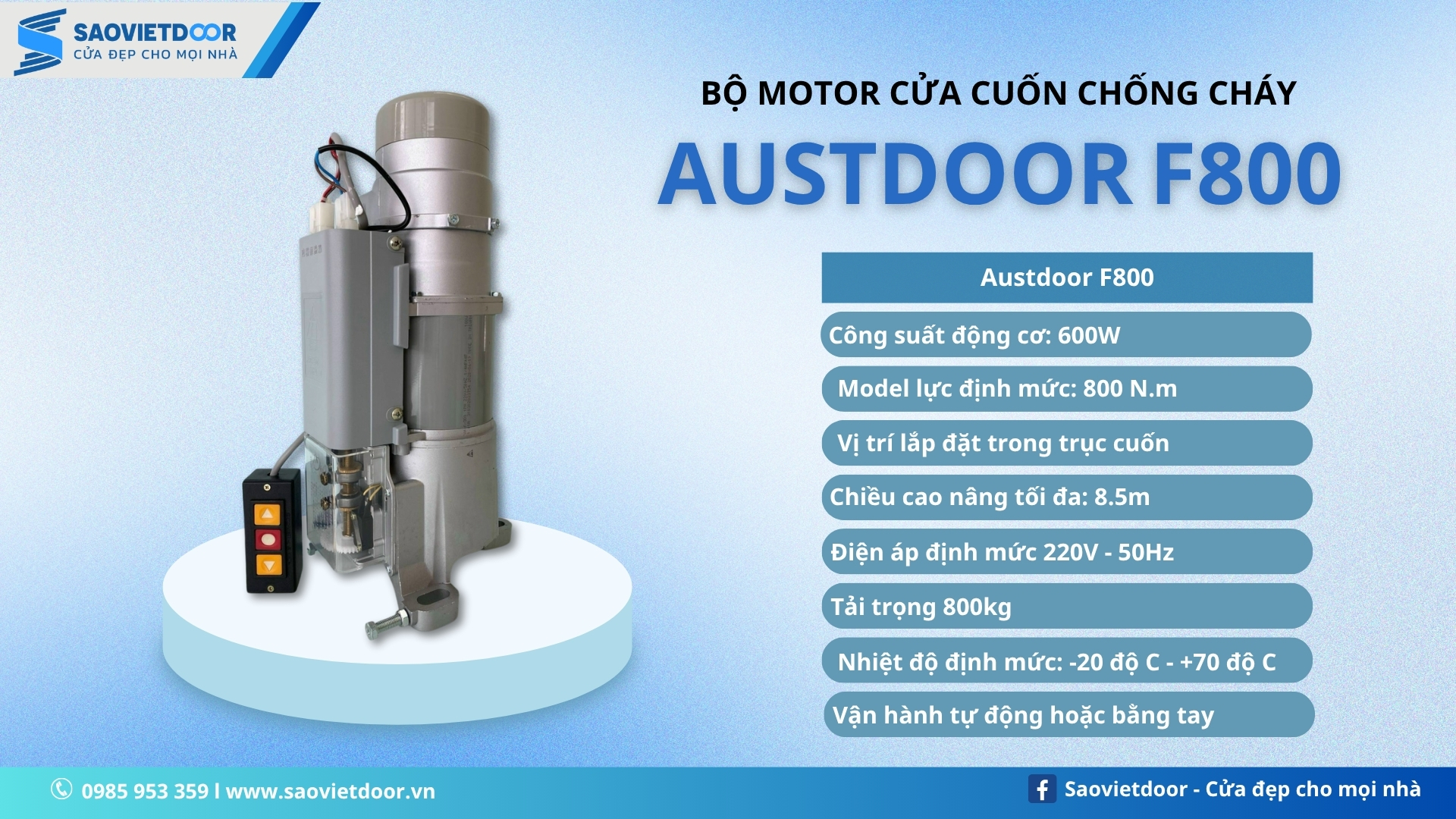 Motor Cửa Cuốn Chống Cháy Austdoor F800 Chính Hãng 18 Thông số kỹ thuật motor cửa cuốn chống cháy Austdoor F800
