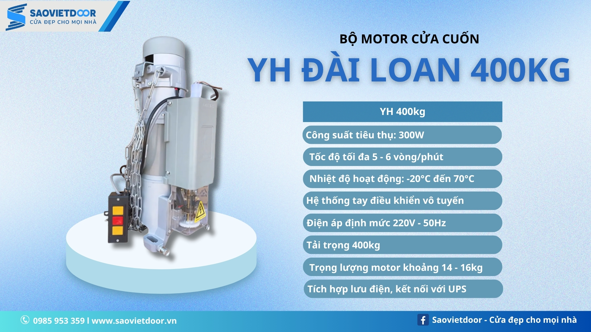 Motor Cửa Cuốn Đài Loan YH 400kg Chính Hãng 18 Thông số kỹ thuật motor cửa cuốn Đài Loan YH 400kg