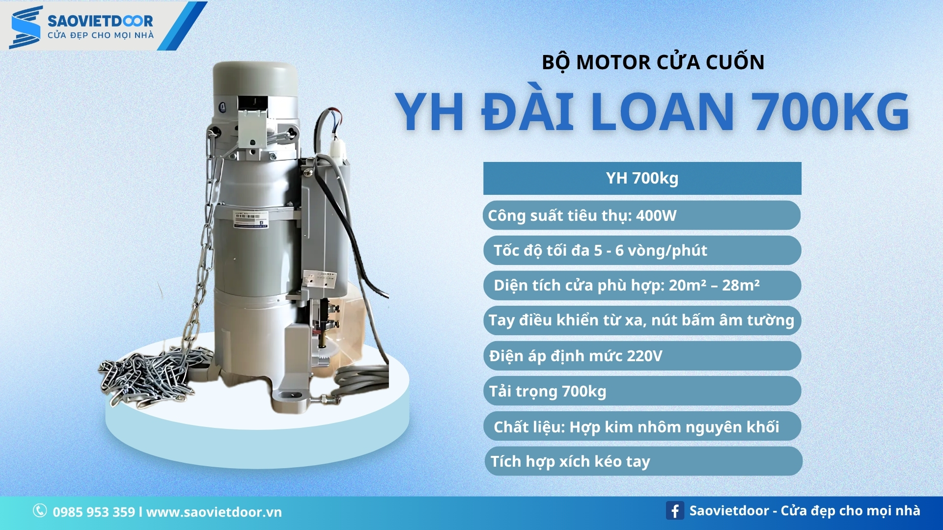 Motor Cửa Cuốn Đài Loan YH 700kg Chính Hãng 18 Thông số kỹ thuật motor cửa cuốn Đài Loan YH 700kg
