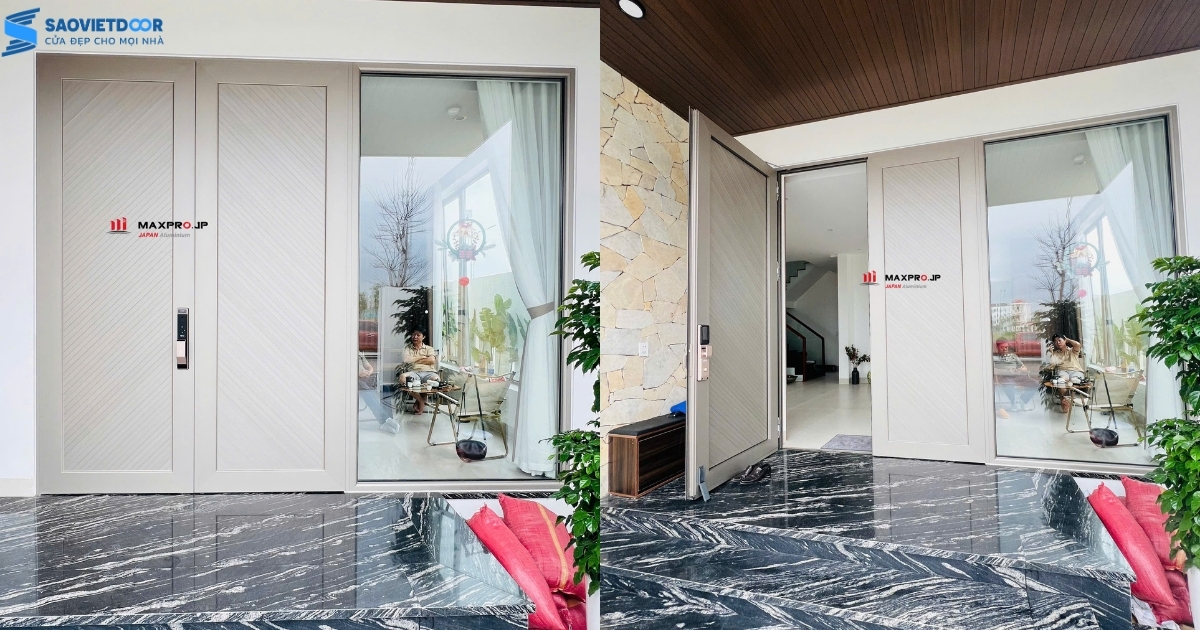 Cửa nhôm Maxpro kết hợp tấm pano đan chéo