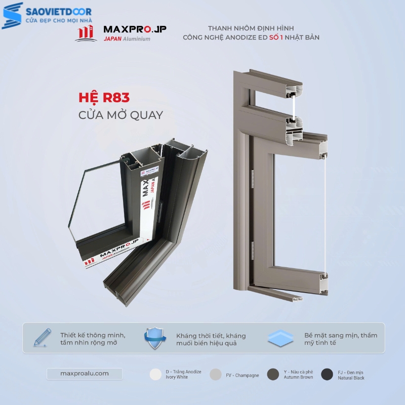 Cửa nhôm thuỷ lực Maxpro màu champagne chính hãng 16 r83 2 4