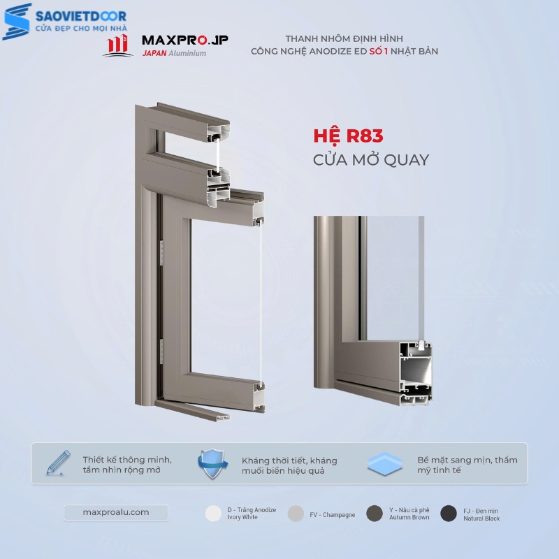 Cửa đi mở quay 1 cánh nhôm Maxpro hệ R83 bản cánh lớn kết hợp Pano nhôm đan chéo 14 r83