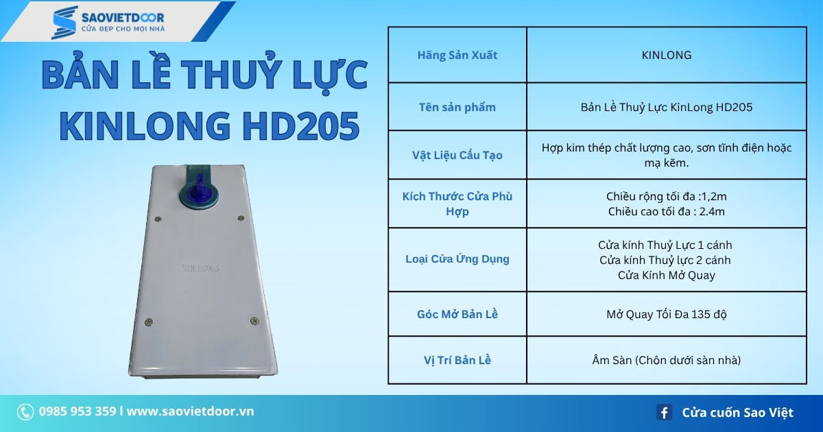 Thông số kỹ thuật bản lề thuỷ lực KinLong HD205