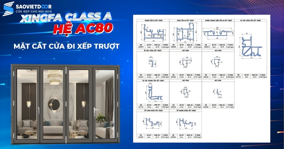 Mặt cắt cửa đi xếp trượt xingfa ac80