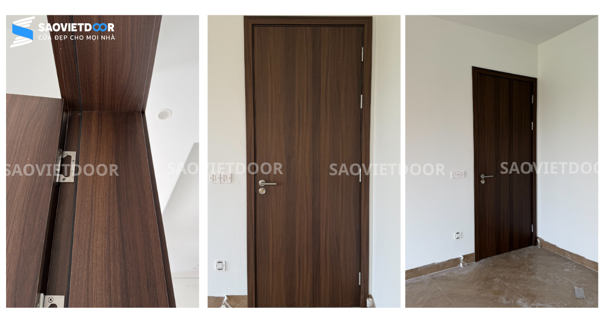Công Trình Nhà Ở Tại Khoái Châu Với Cửa Nhôm Kính, Cửa Composite Và Cầu Thang Kính 11 Cửa composite màu vân gỗ