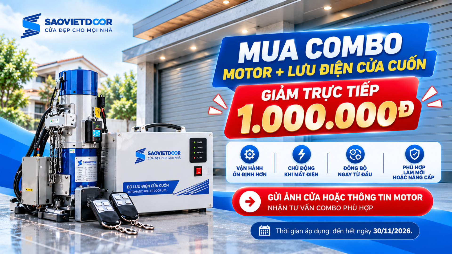 Giảm 1 triệu khi mua Combo motor + lưu điện cửa cuốn 22 9